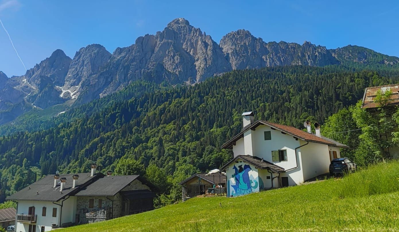 Vista panoramica di Sagron Mis, con le Pale di San Martino sullo sfondo